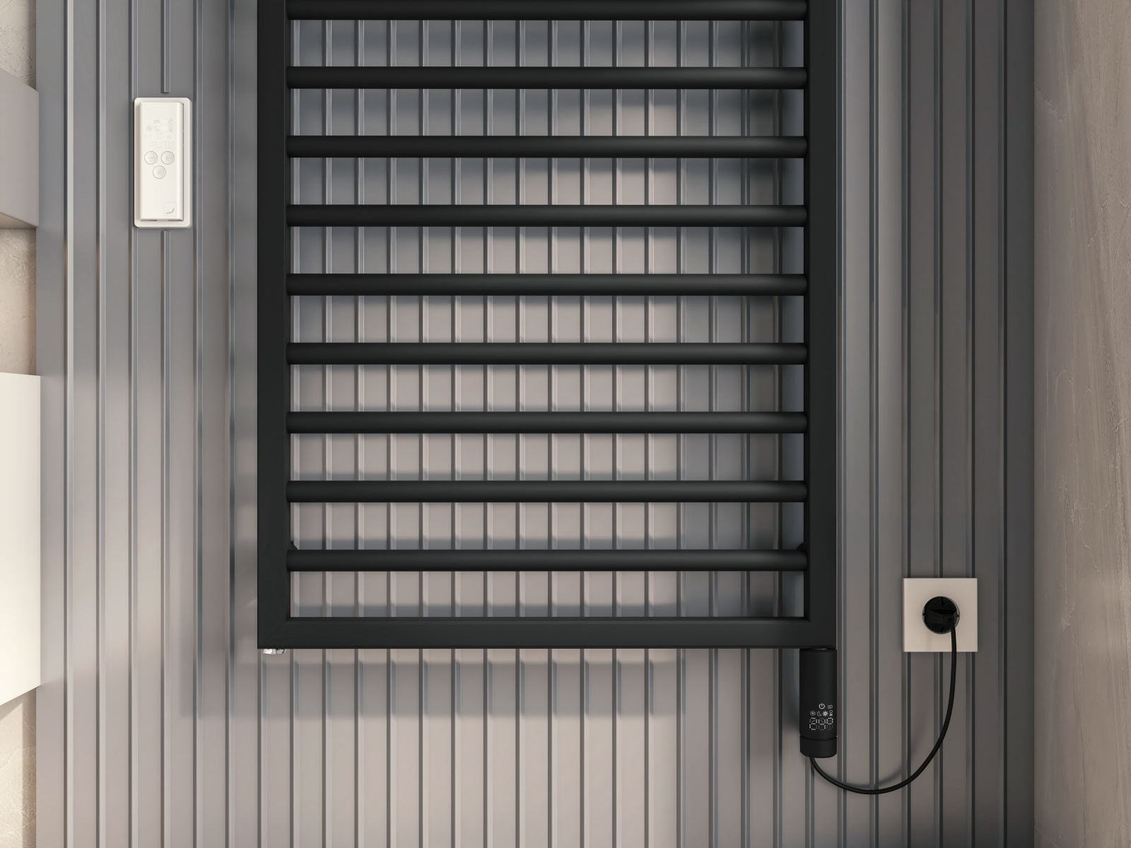 Zehnder_RAD_Subway-EL_IHC-WithCableDE_BlackMatt_bathroom_Detail Rendering Zehnder Subway Decorative radiator Front view