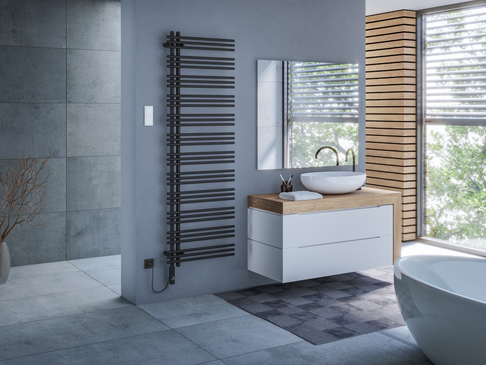 Zehnder_RAD_Yucca-Asym-EL_IHC-CH-Plug_170_60_TrafficBlack _Milieu_bathroom Rendering Zehnder Yucca Asym Decorative radiator