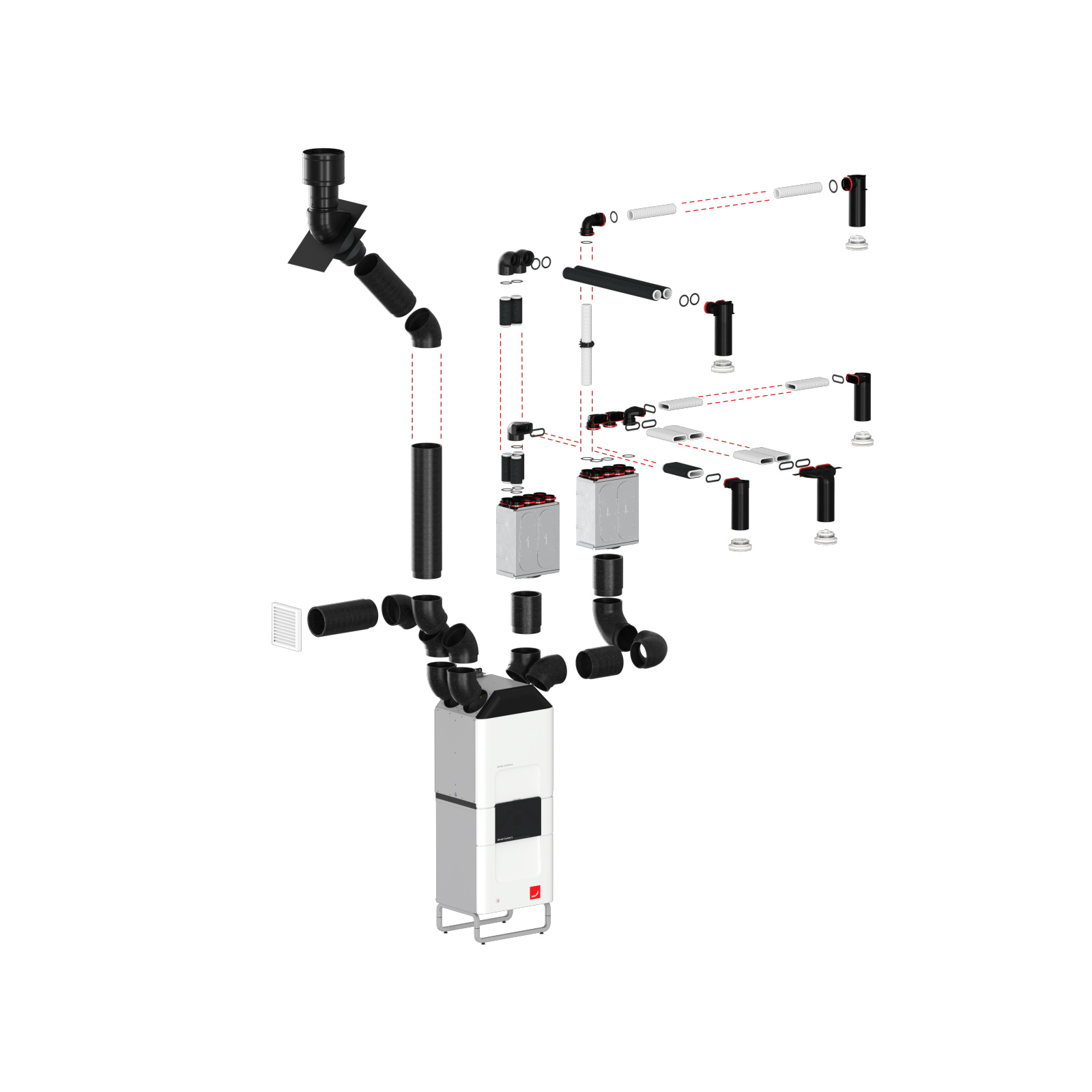 Rendering Zehnder ComfoWell Manifold Comfortable indoor ventilation Exploded view