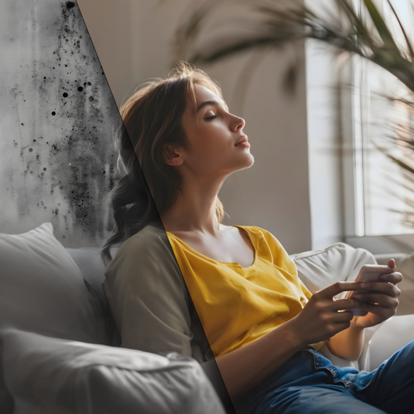 Split image showing a person seated on a sofa near a window; the left side appears dark with visible mold on the wall, while the right side is bright and clean, highlighting improved indoor air quality by zehnder