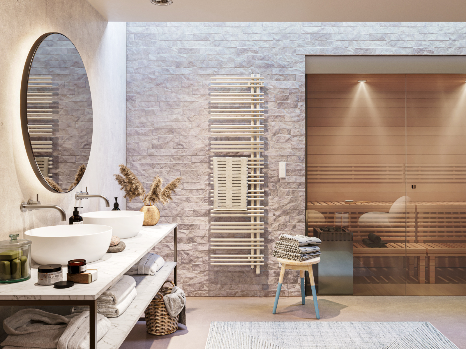 Zehnder_RAD_YuccaAsym170_50_EL_IHD_RemovedCable_WhiteQuartz _milieu_bathroom Rendering Zehnder Yucca Asym Decorative radiator