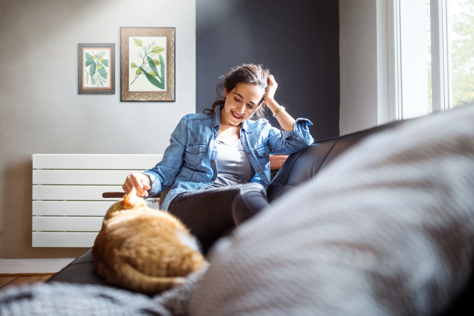 1093931570 Beautiful young woman relaxing on sofa with her cat in living room.